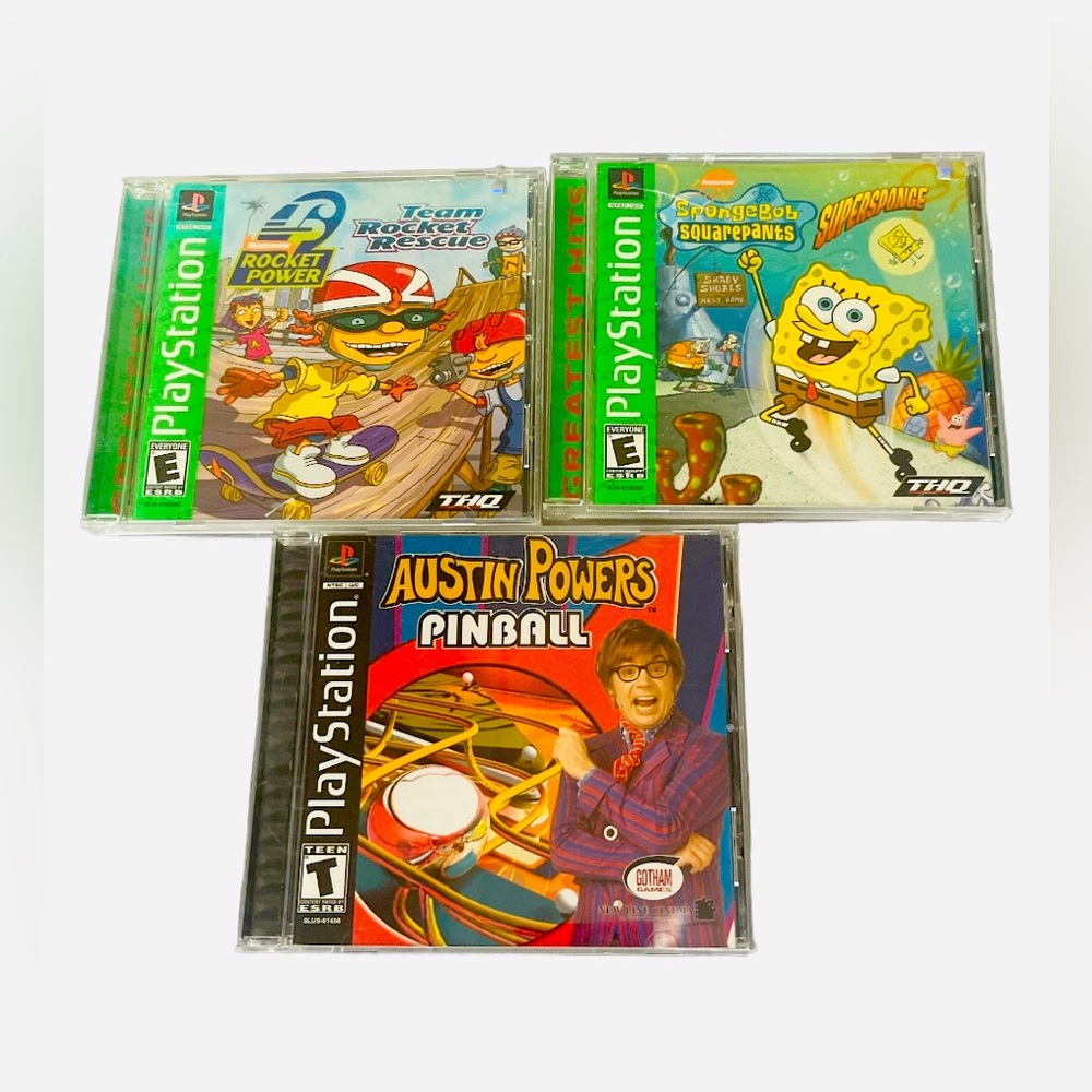 Vintage 90’s PlayStation 1 Video Game Trio SpongeBob, Austin Powers, Rocket Pwr